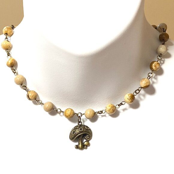 Genuine Yellow Picture Jasper Short Necklace, Bronze Round Mushroom + Gemstone - Picture 2 of 15
